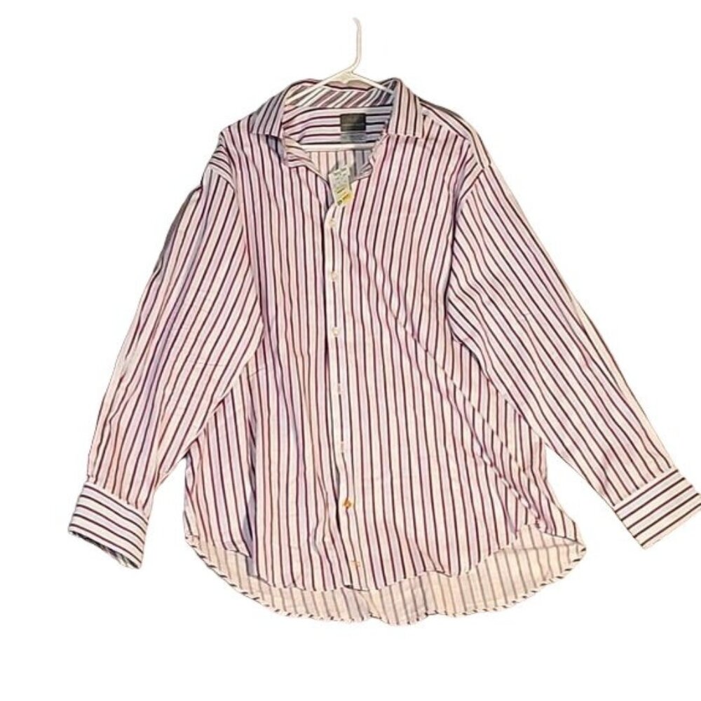 THOMAS DEAN Mens XXL Striped Button Down Dress Shirt White Purple Blue Long Slee